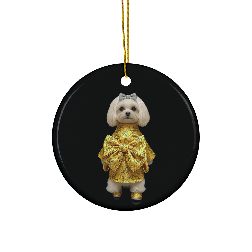 Dog in Gold Bow Ceramic Ornament — Cute Pet Christmas Ornament