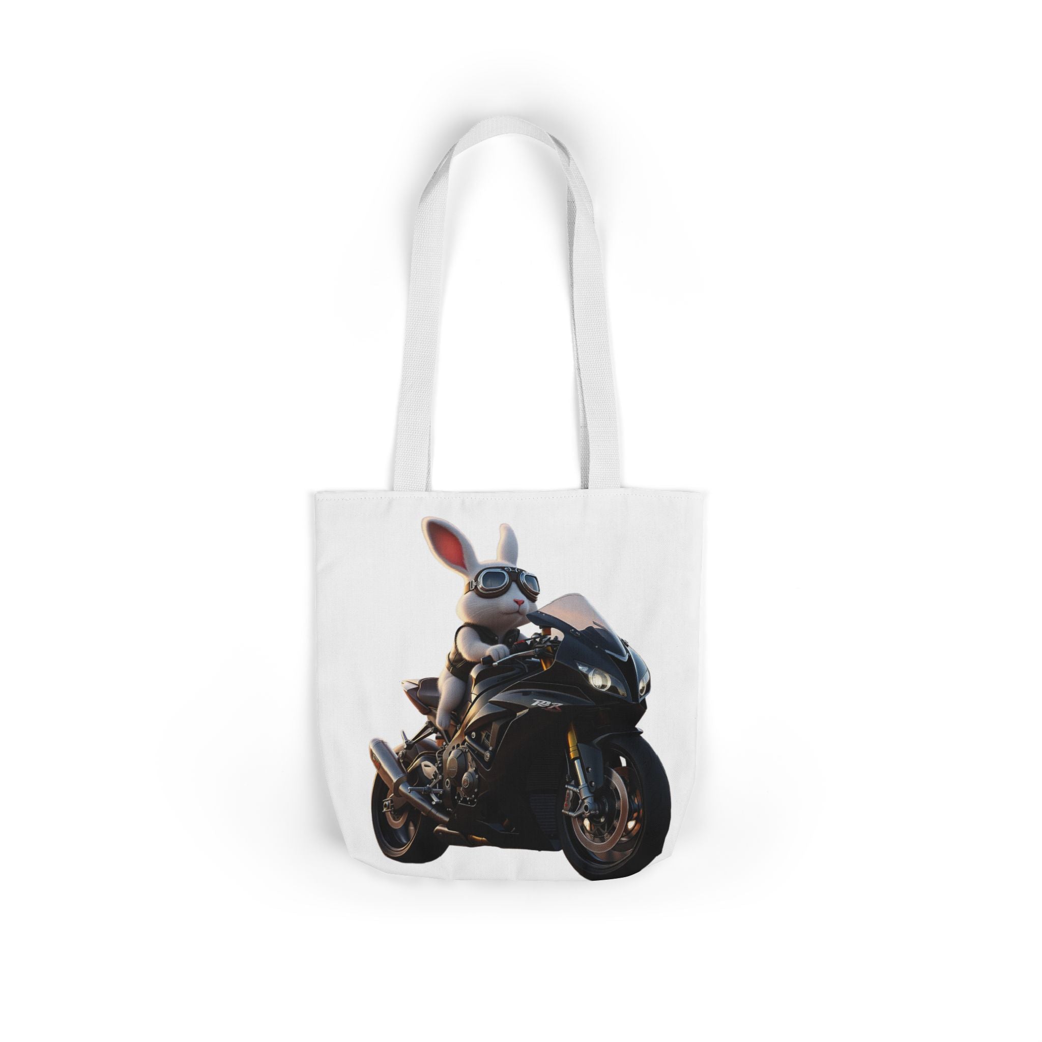 Biker Bunny Canvas Tote Bag — Cool Rabbit on Motorcycle Graphic