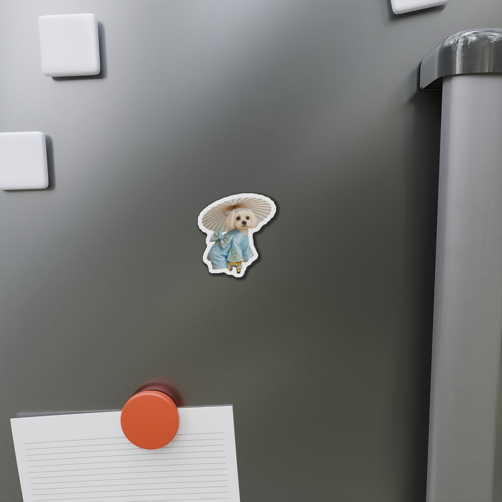 Dog in Kimono Die-Cut Magnet — Cute Maltese Puppy with Parasol Refrigerator Magnet