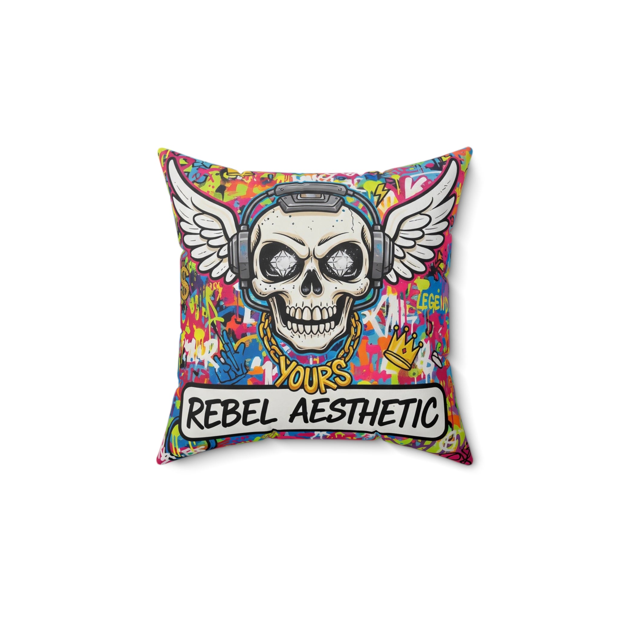 Graffiti Winged Skull Pillow — Street Art Bold Accent Cushion