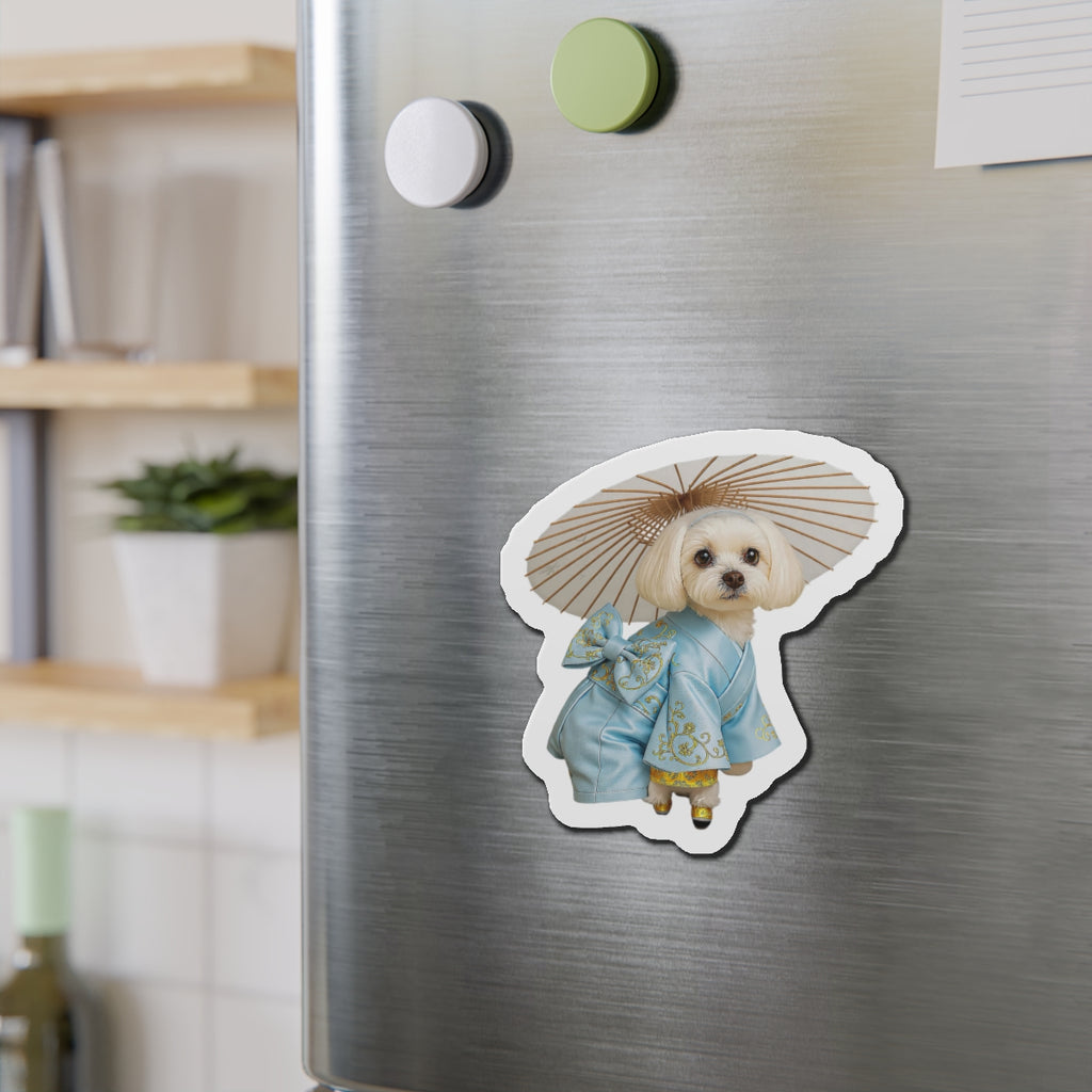 Dog in Kimono Die-Cut Magnet — Cute Maltese Puppy with Parasol Refrigerator Magnet