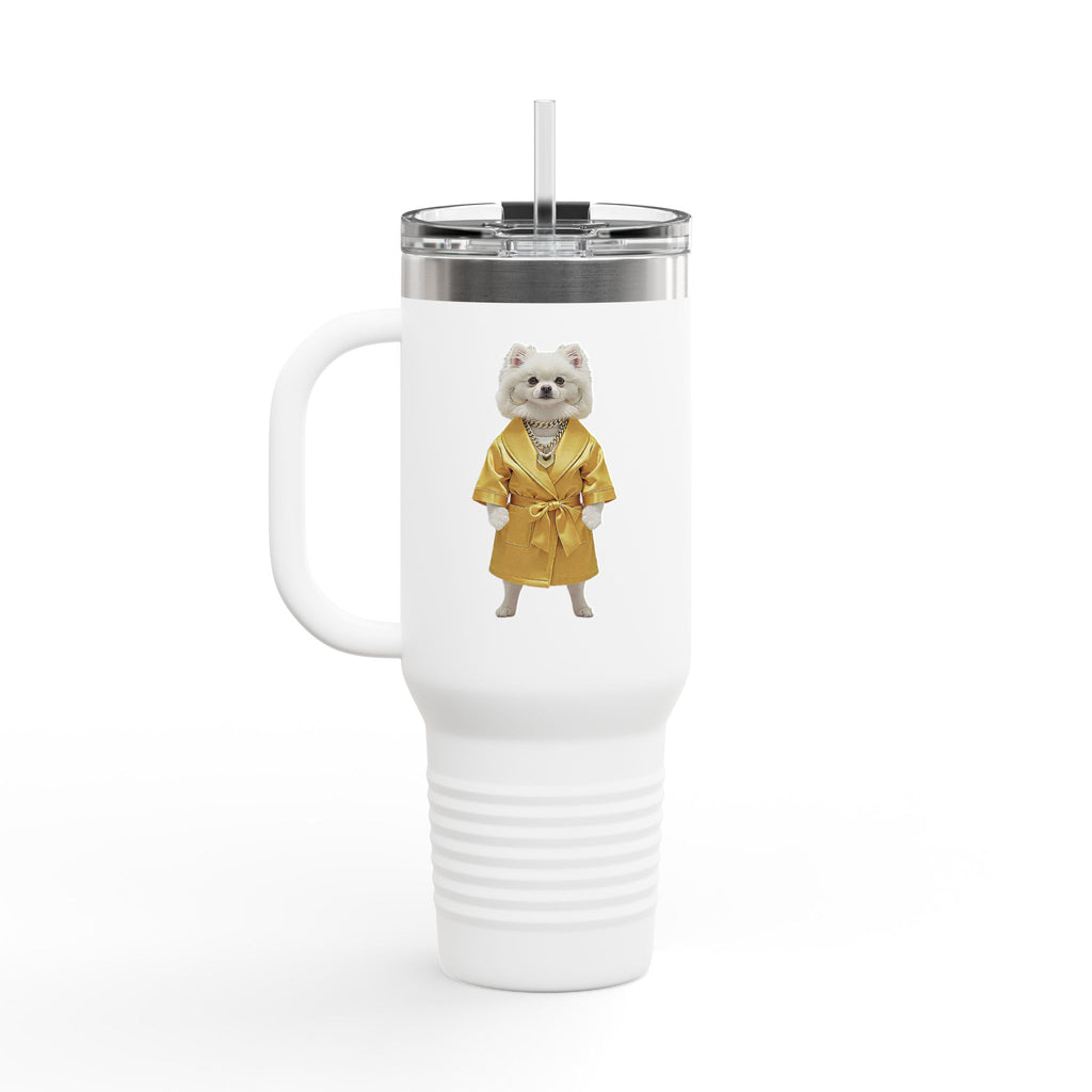 A tumbler that feels like walking with a royal Pomeranian in a golden hallway