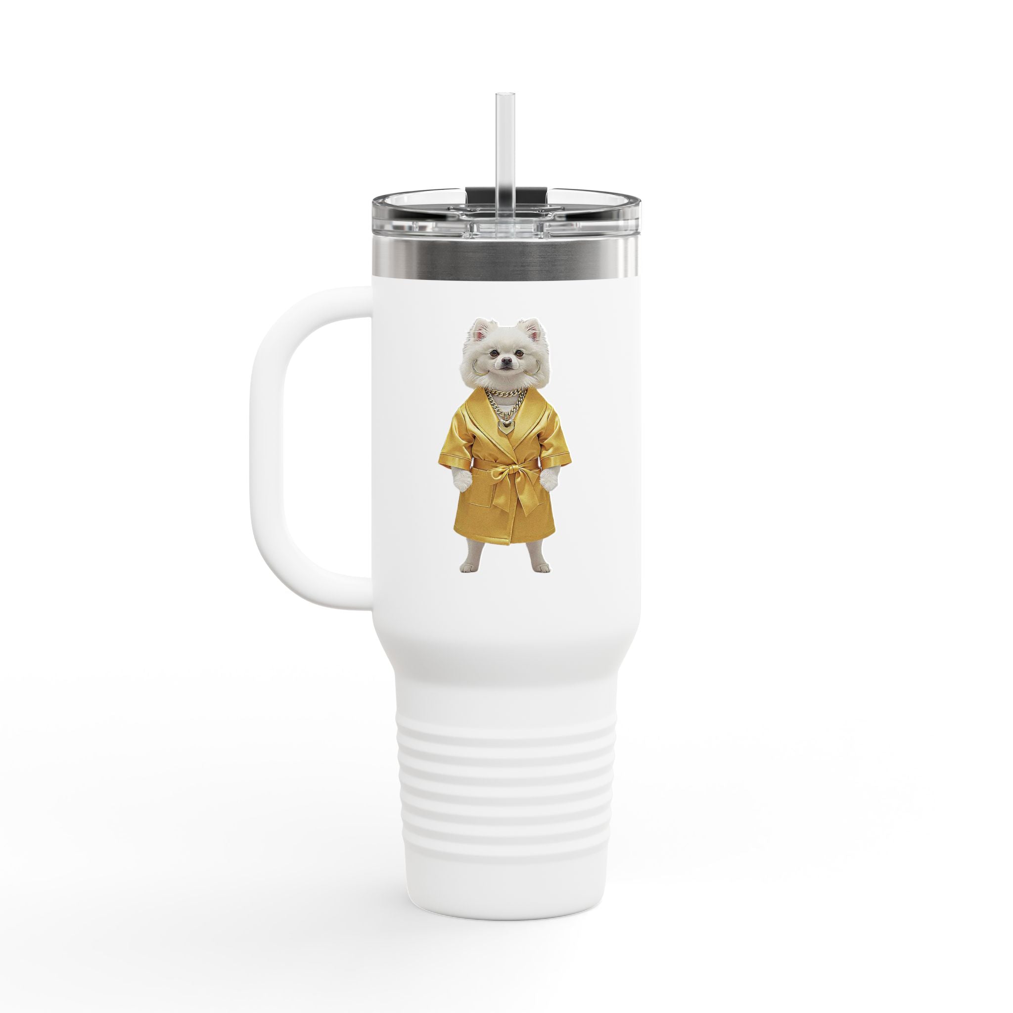 A tumbler that feels like walking with a royal Pomeranian in a golden hallway
