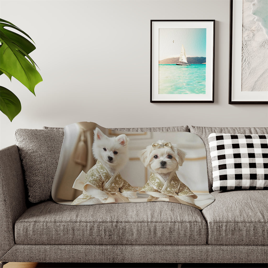 Sherpa Blanket — Cute Puppies in Gold Kimonos Cozy Throw