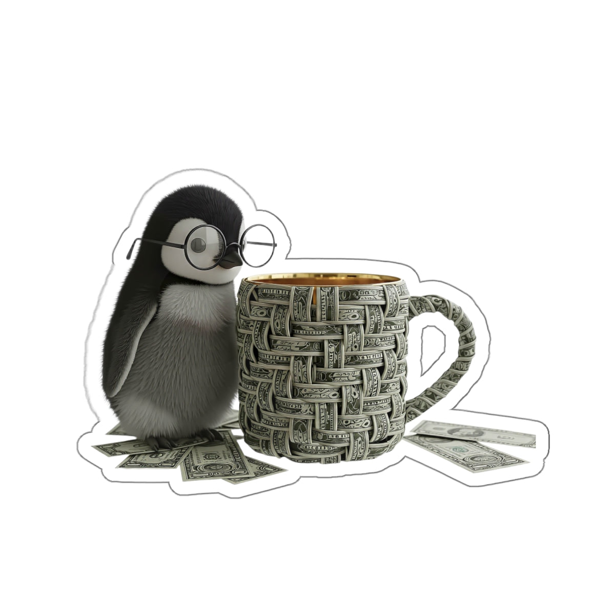 Cute Penguin with Coffee Die-Cut Sticker — Cozy Nerdy Penguin Illustration