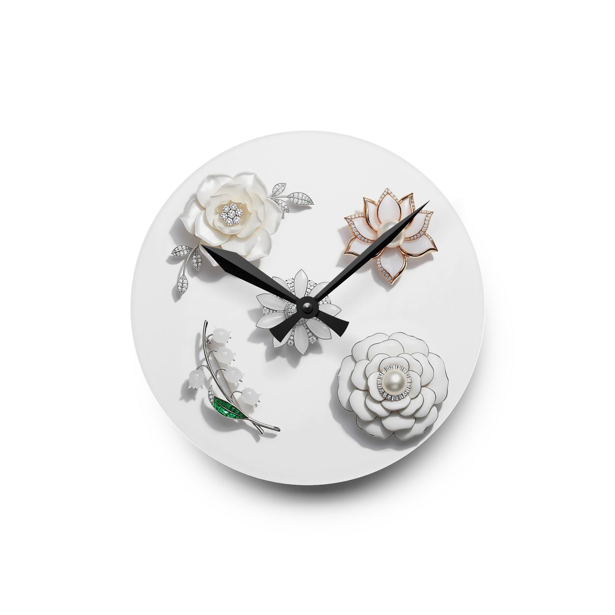 Acrylic Wall Clock with Sculptural Floral Design