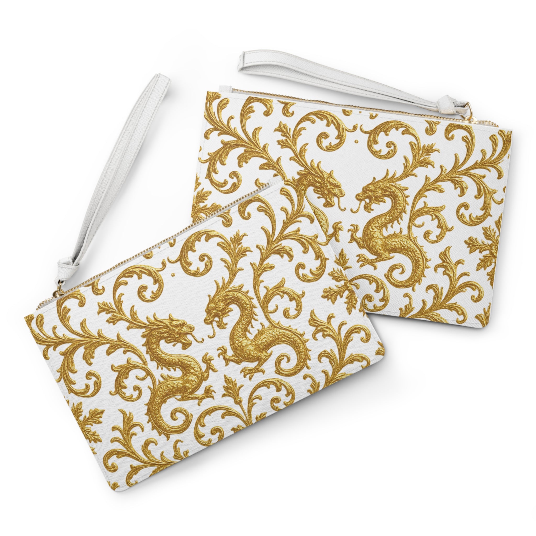 Ivory Gold Dragon Baroque Clutch Bag — Elegant Wristlet Pouch for Special Occasions