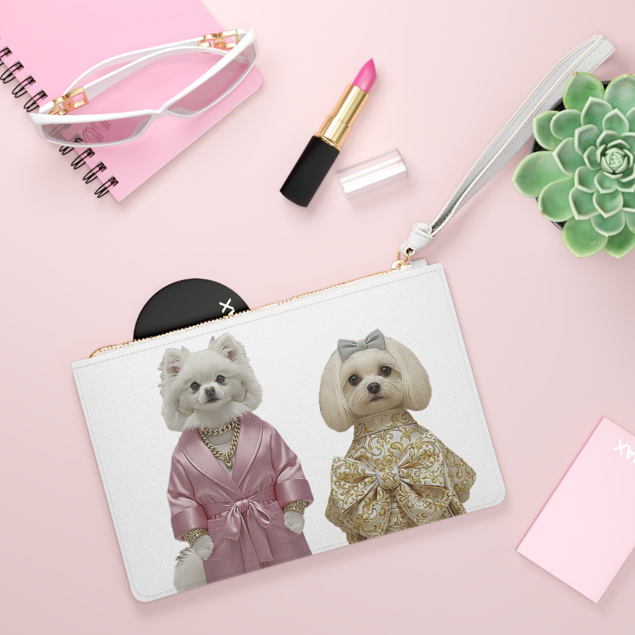 Double-Sided Dog & Bunny Wristlet Pouch – Cute Luxury Pet Art Zip Pouch
