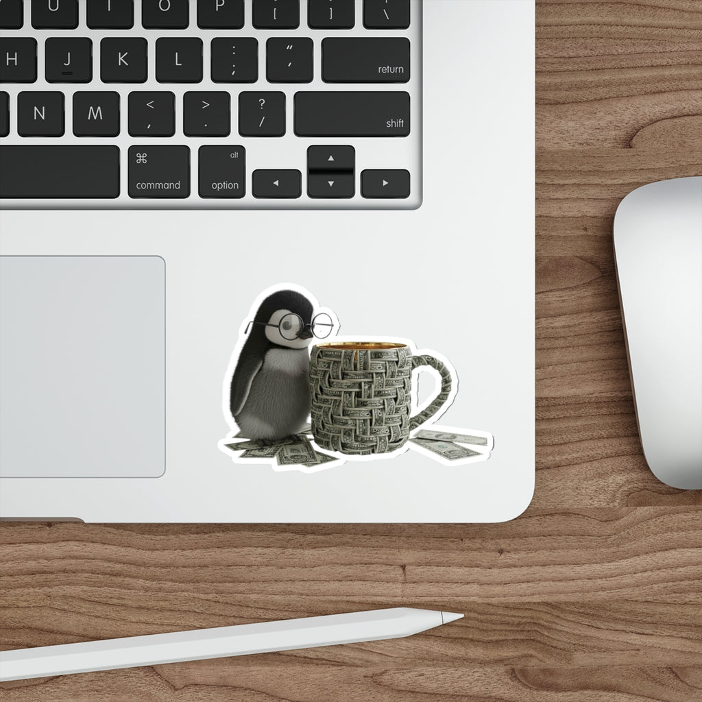 Cute Penguin with Coffee Die-Cut Sticker — Cozy Nerdy Penguin Illustration