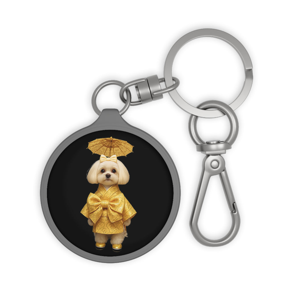 Luxury Dog Keyring | Gold Bow Puppy on Black Round Charm