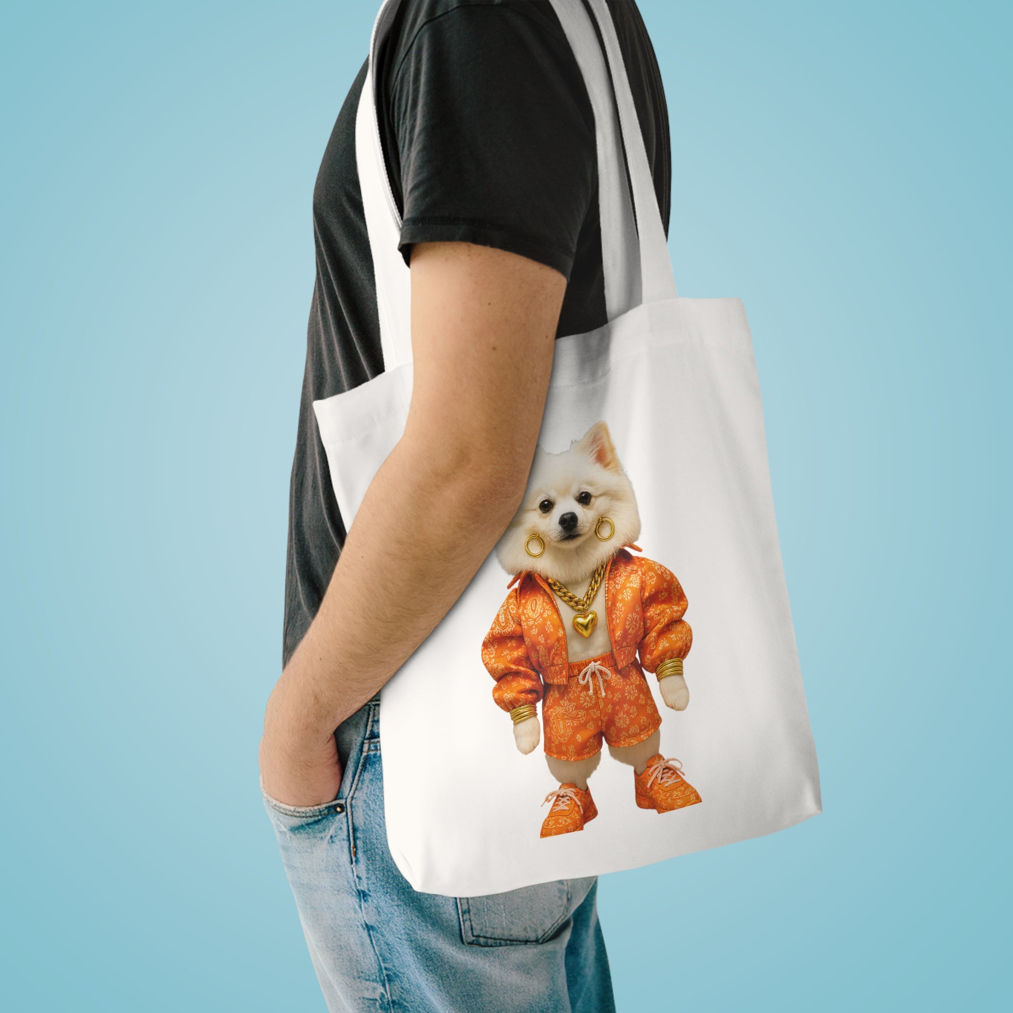Tote Bag — Cute Pomeranian in Orange Tracksuit Cotton Market Tote