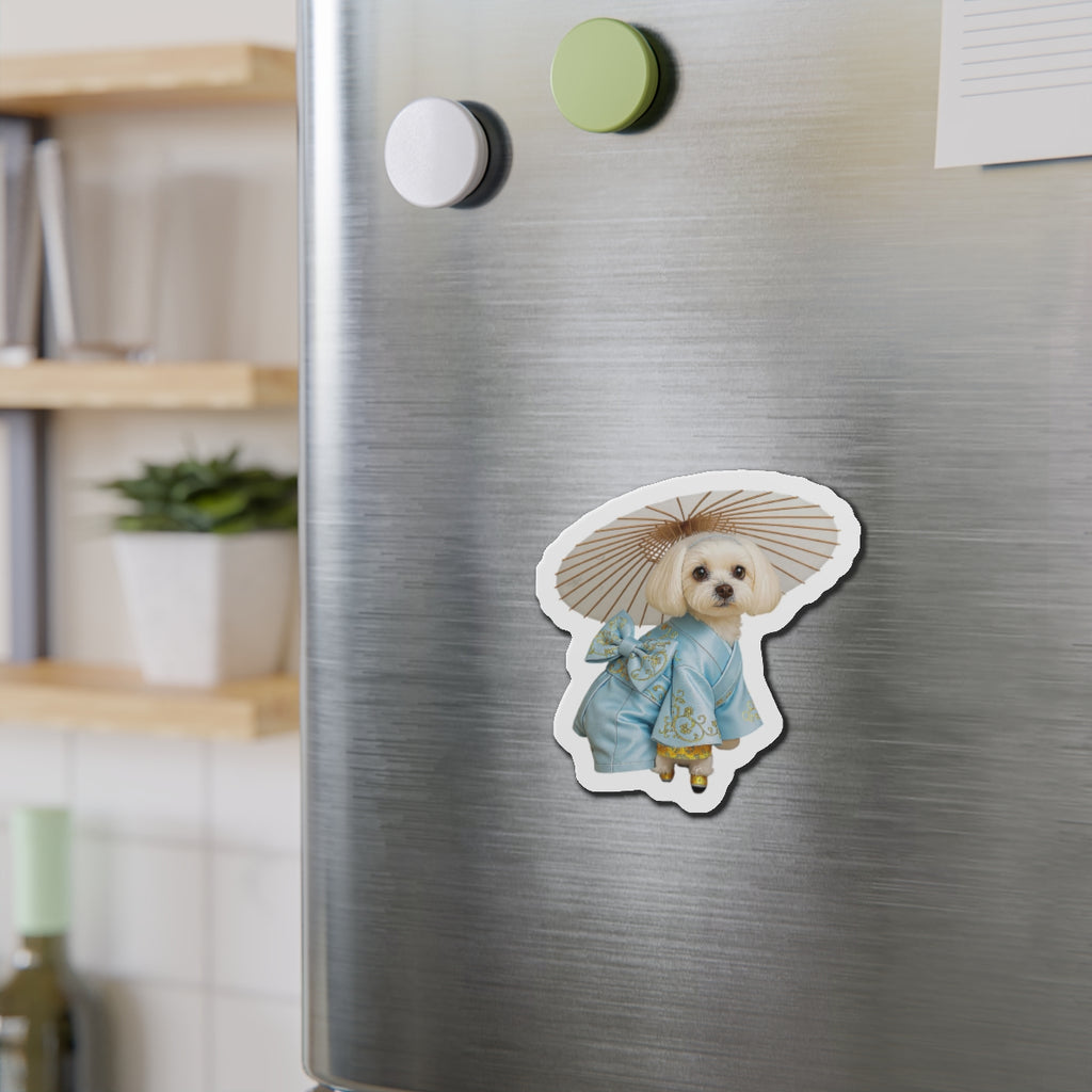 Dog in Kimono Die-Cut Magnet — Cute Maltese Puppy with Parasol Refrigerator Magnet