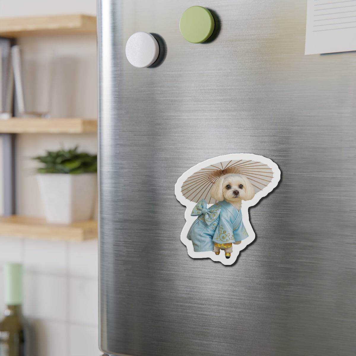 Dog in Kimono Die-Cut Magnet — Cute Maltese Puppy with Parasol Refrigerator Magnet