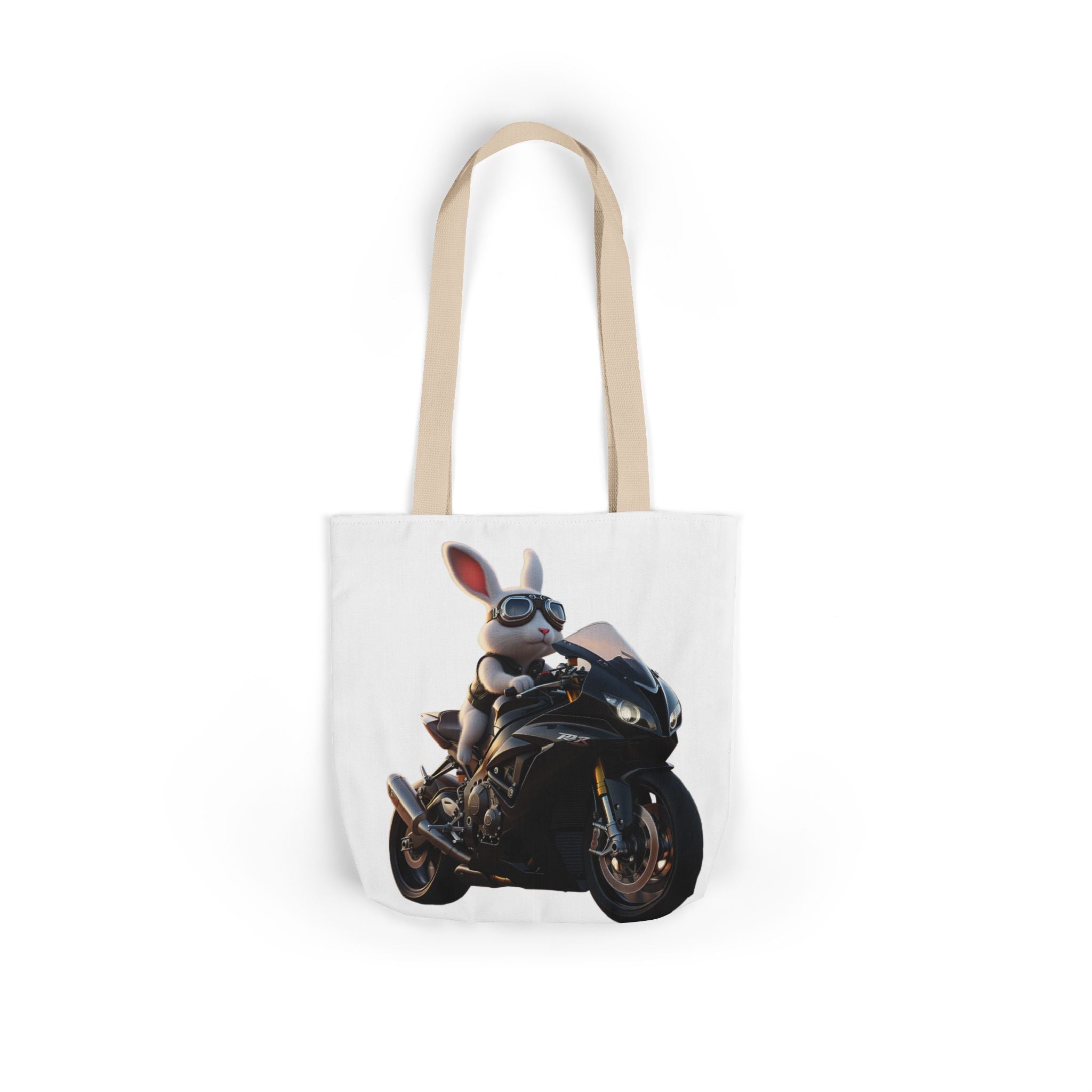 Biker Bunny Canvas Tote Bag — Cool Rabbit on Motorcycle Graphic