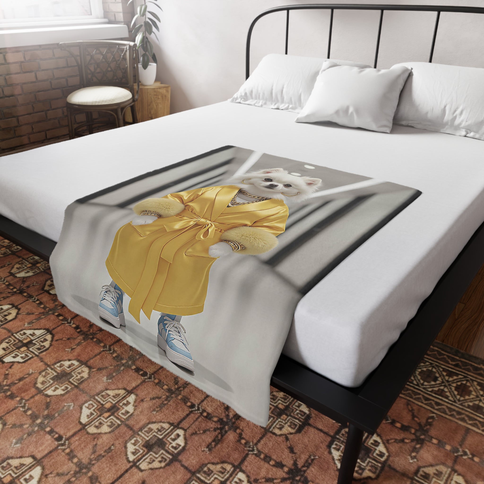Plush Fleece Blanket - Fashionable Pomeranian in Gold Robe Throw