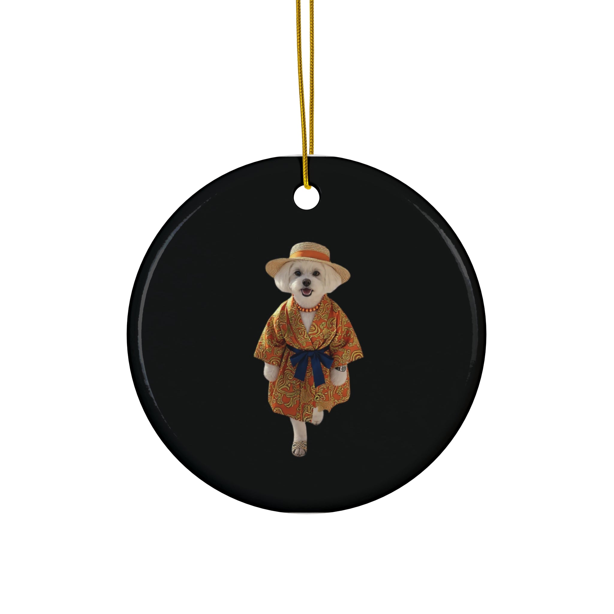 Ceramic Ornament – Vintage Dog in Kimono Holiday Ornament, 4 Shapes