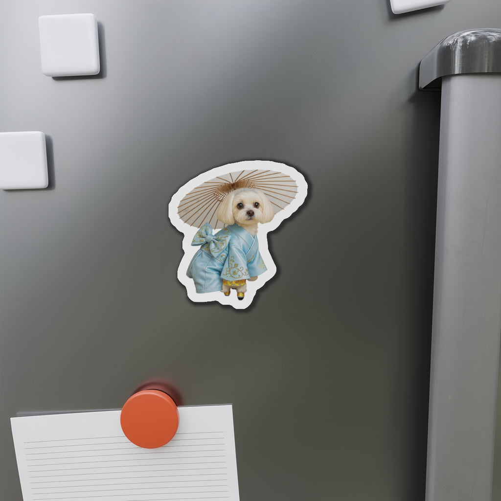 Dog in Kimono Die-Cut Magnet — Cute Maltese Puppy with Parasol Refrigerator Magnet