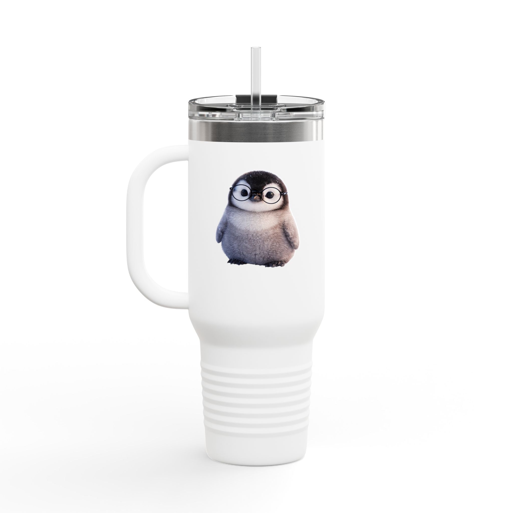 Penguin Minimalist 40oz Insulated Travel Mug — White Tumbler with Handle & Secure Lid