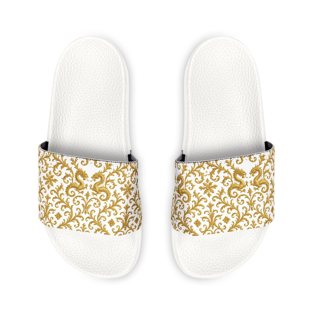 Luxury Baroque Gold Slide Slippers – Elegant White & Gold Home Slides