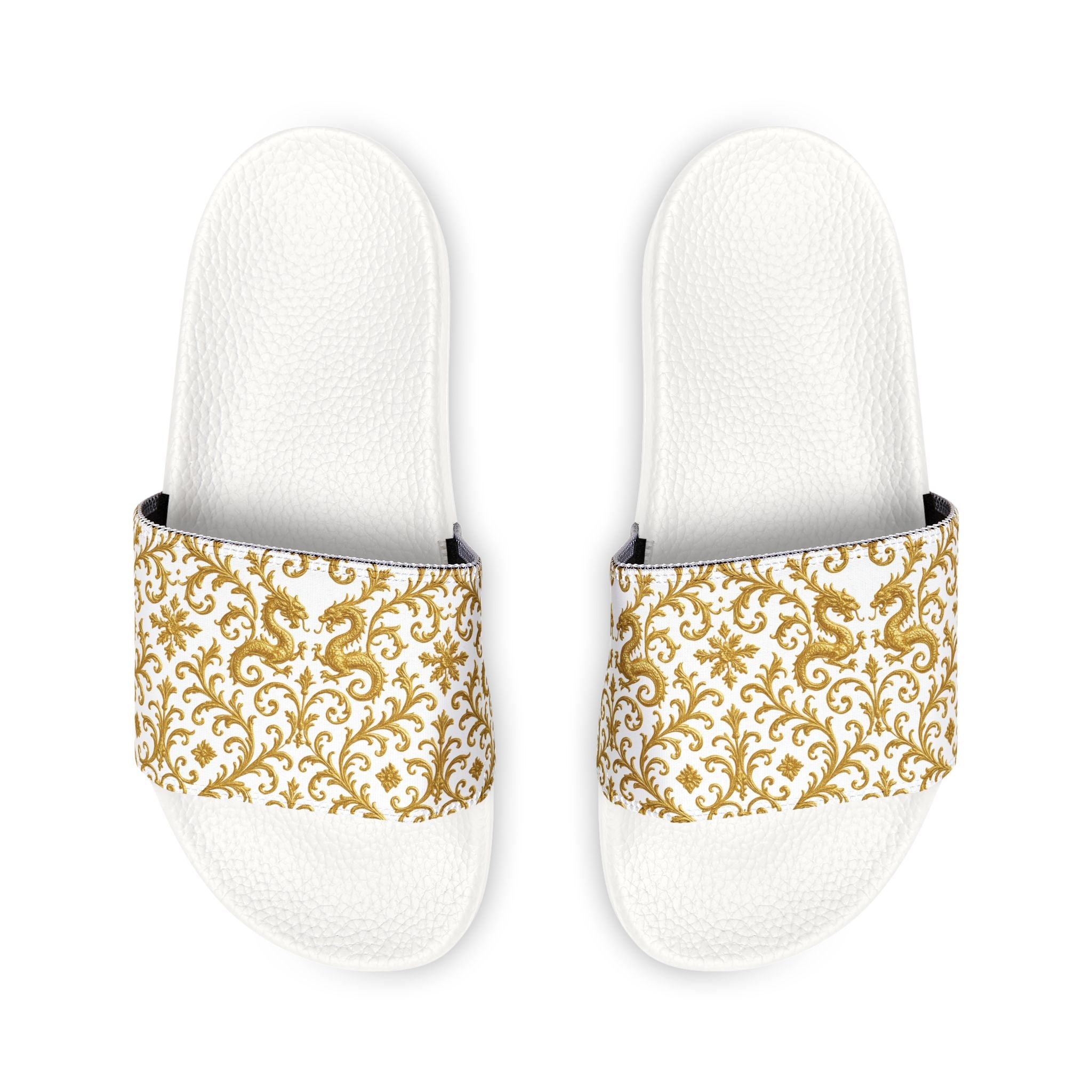 Luxury Baroque Gold Slide Slippers – Elegant White & Gold Home Slides