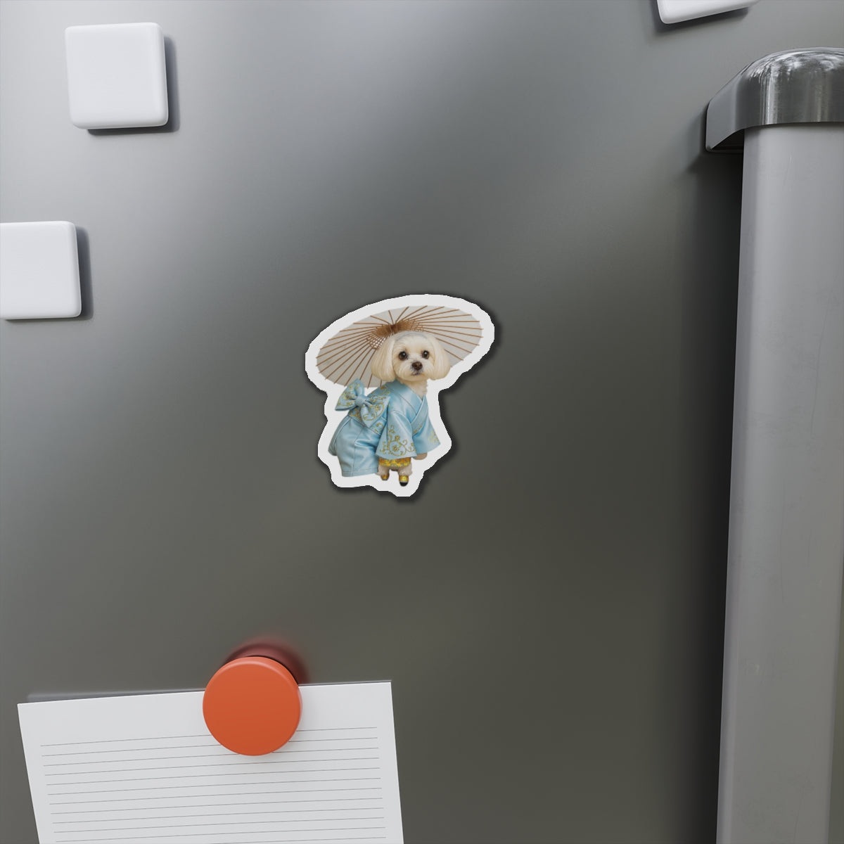 Dog in Kimono Die-Cut Magnet — Cute Maltese Puppy with Parasol Refrigerator Magnet