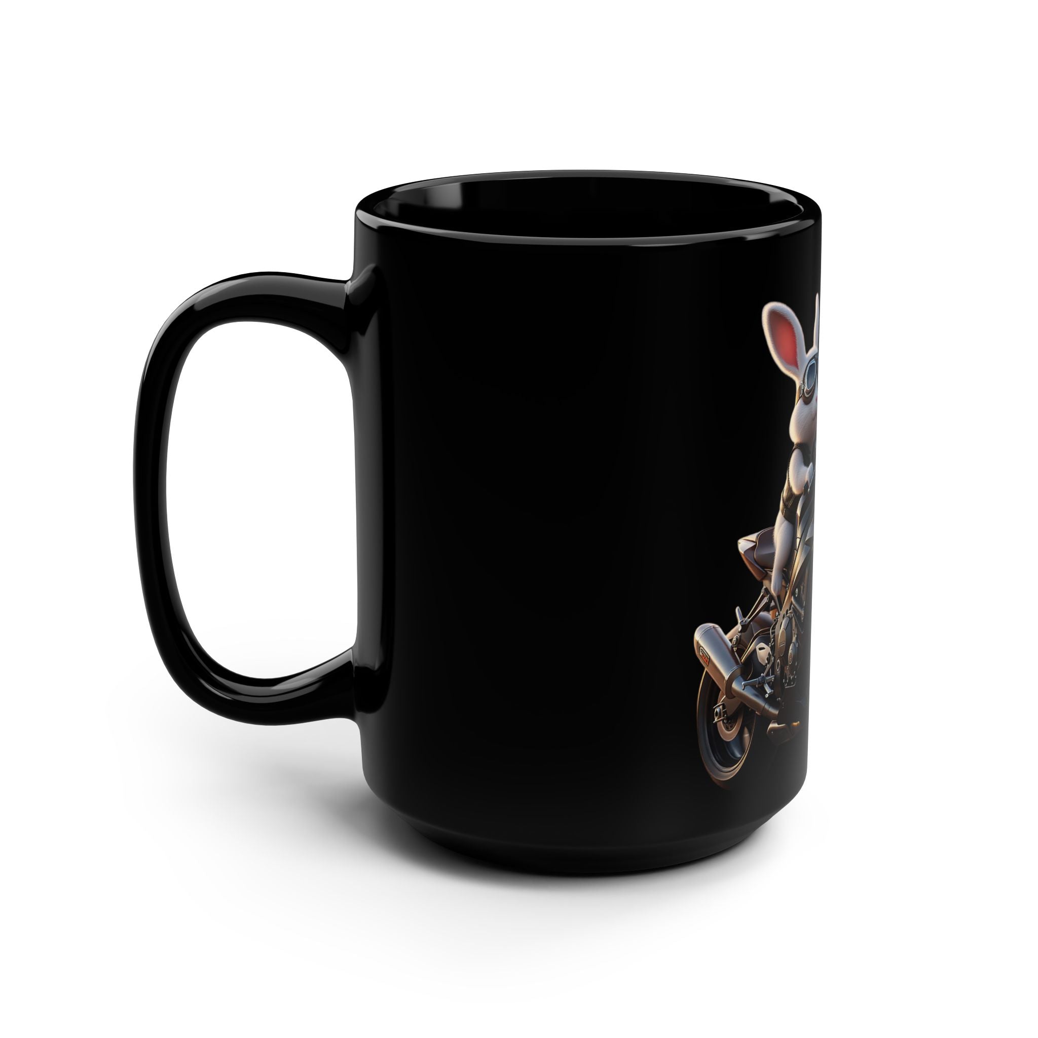 Bunny Motorcycle Rider Mug — 15oz Black Ceramic