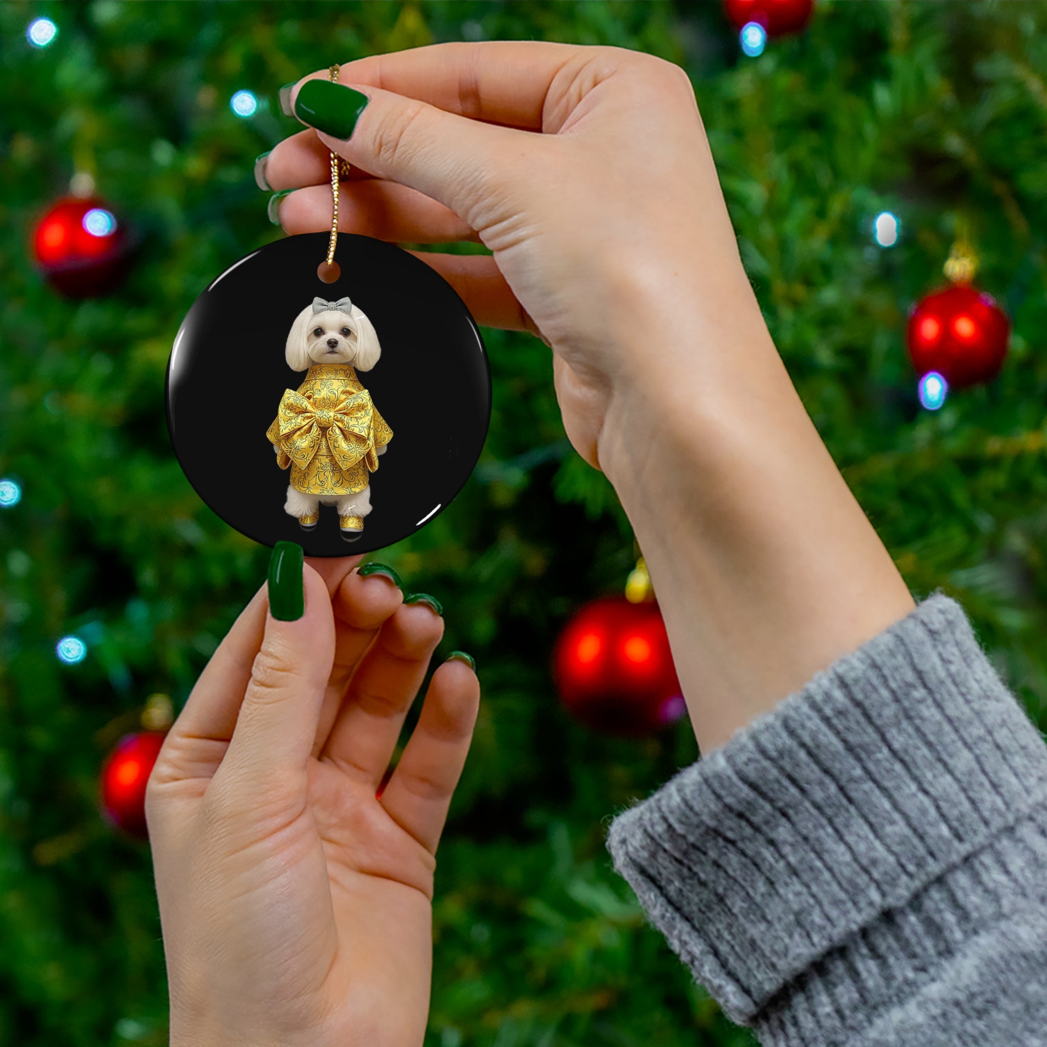 Dog in Gold Bow Ceramic Ornament — Cute Pet Christmas Ornament