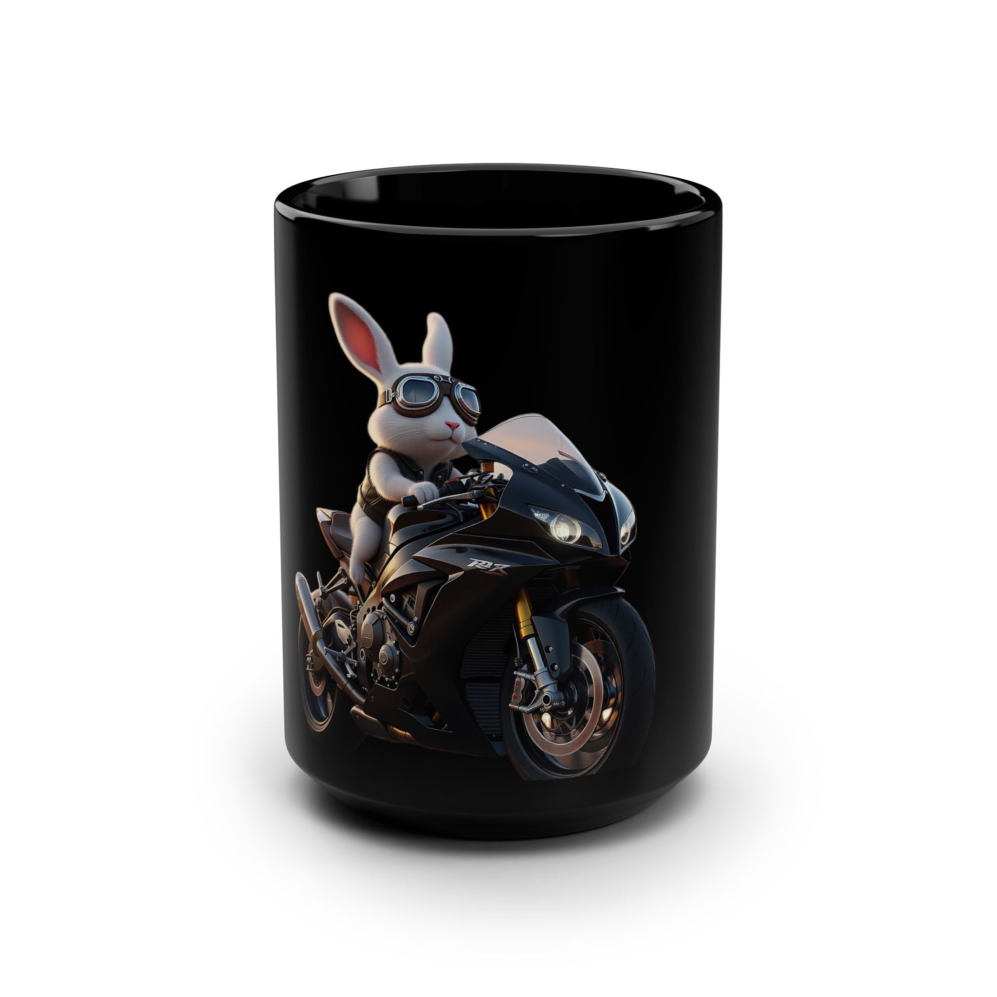 Bunny Motorcycle Rider Mug — 15oz Black Ceramic
