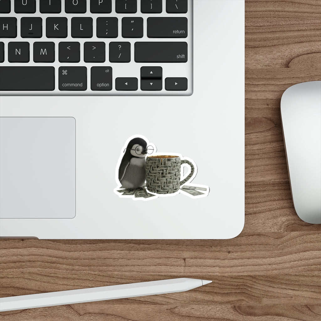 Cute Penguin with Coffee Die-Cut Sticker — Cozy Nerdy Penguin Illustration