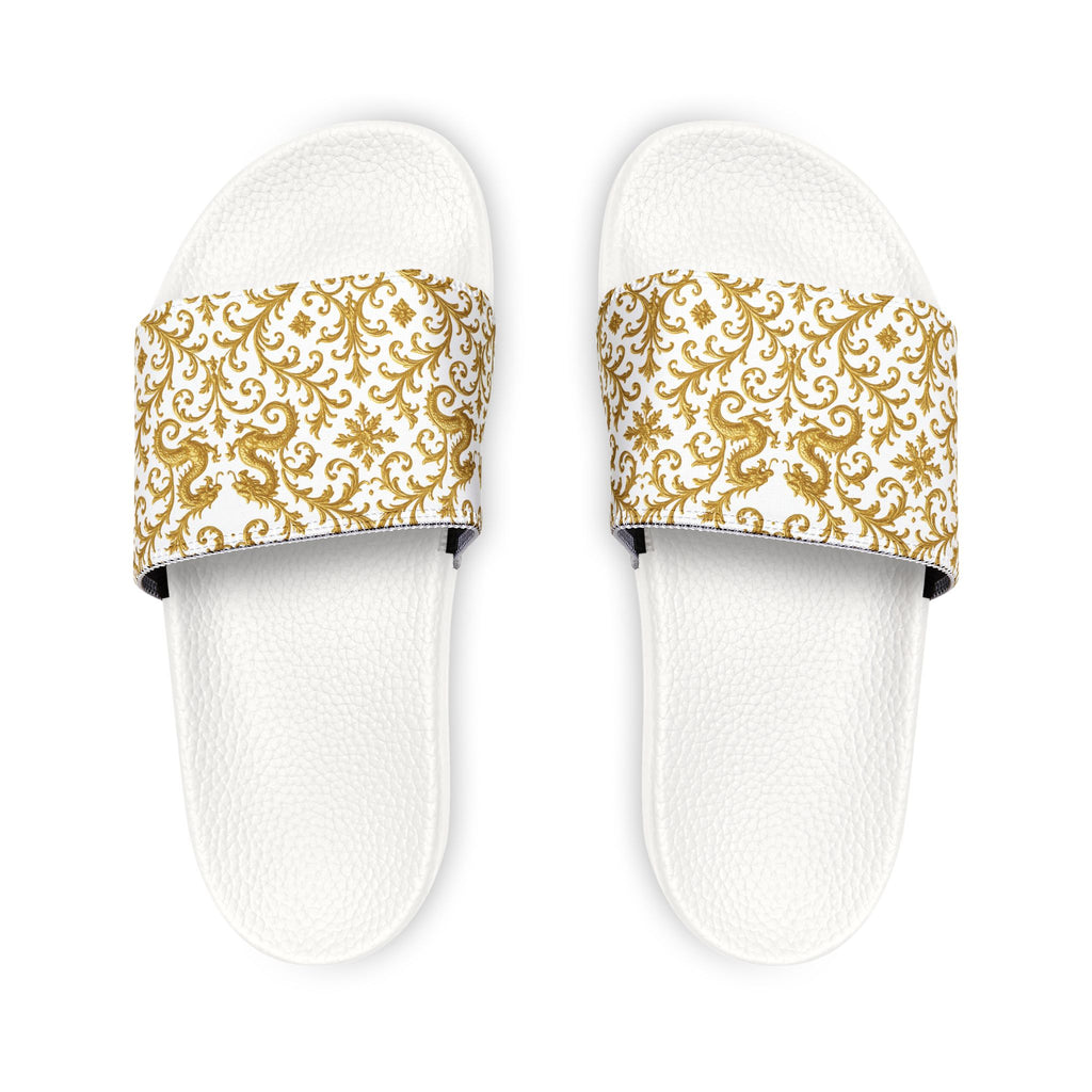 Luxury Baroque Gold Slide Slippers – Elegant White & Gold Home Slides