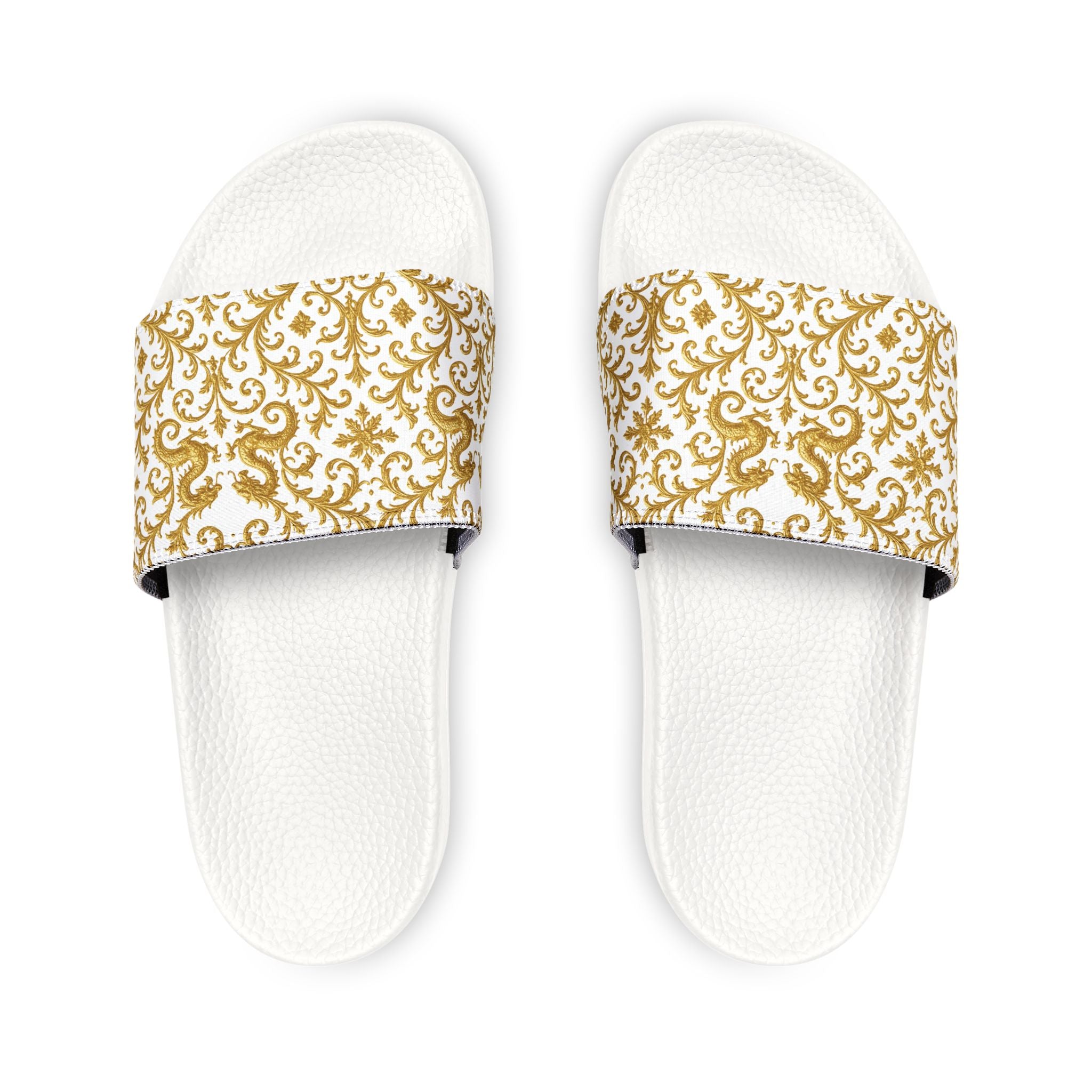 Luxury Baroque Gold Slide Slippers – Elegant White & Gold Home Slides