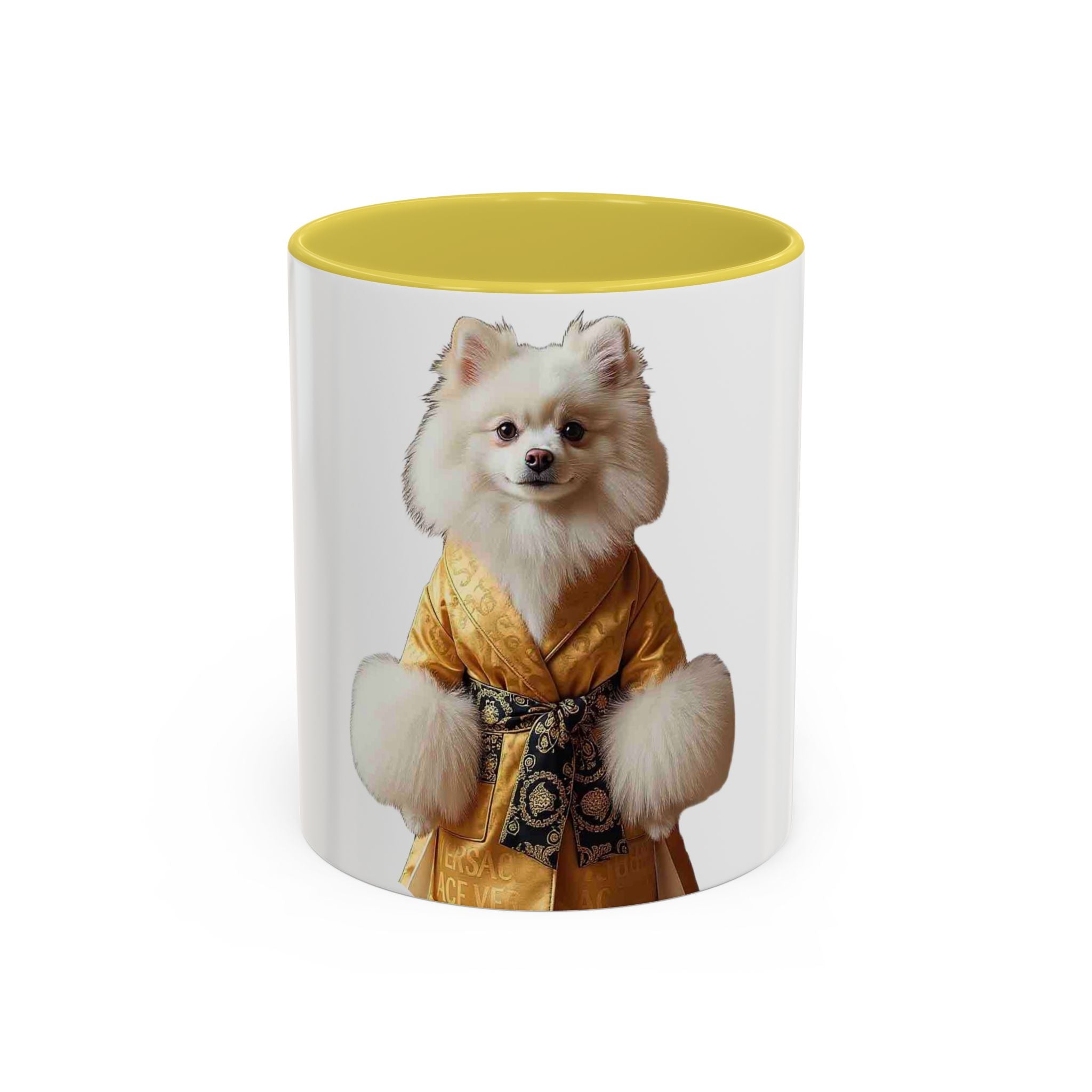 Pomeranian in Golden Robe Mug — Colorful 11oz & 15oz Ceramic Coffee Mug