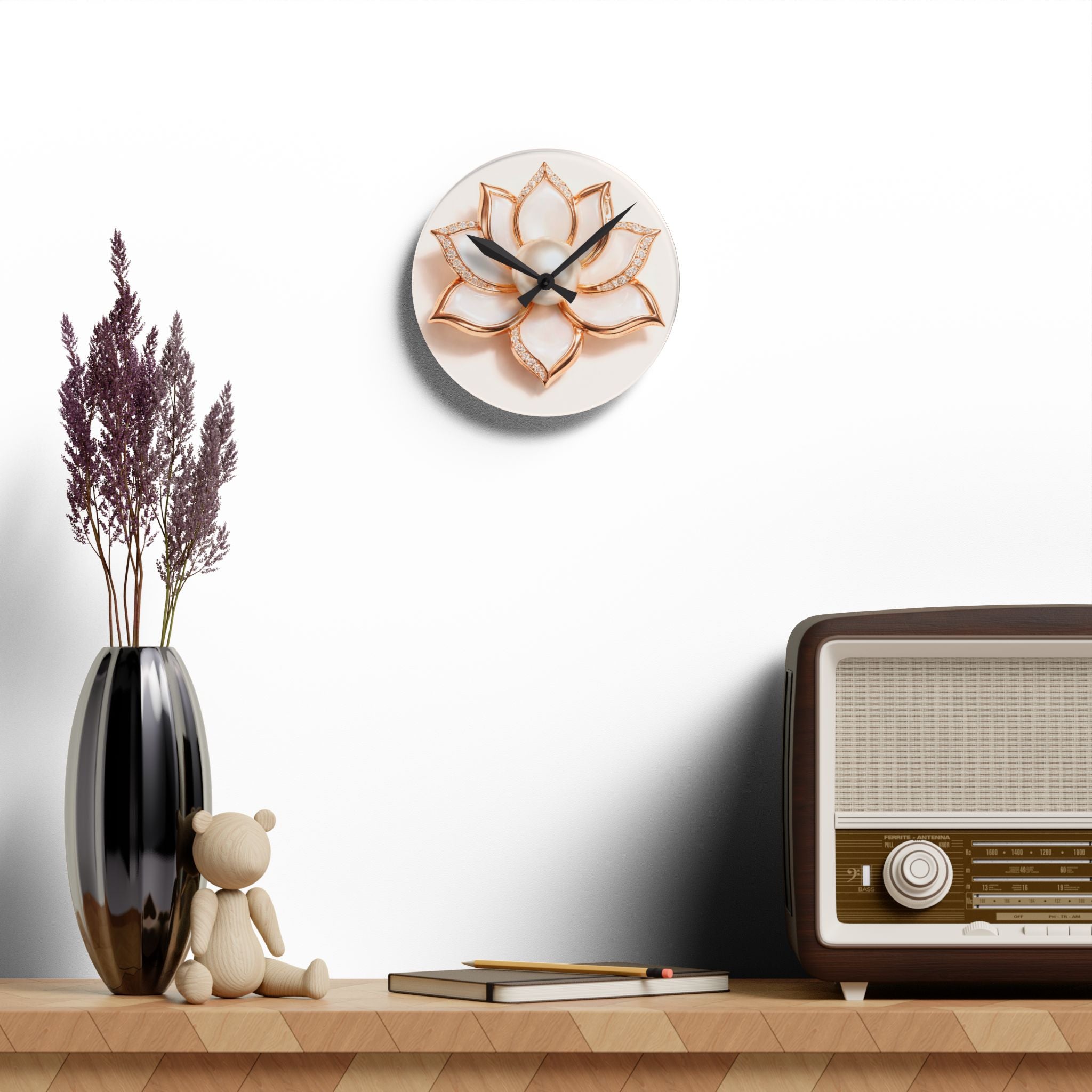 Acrylic Wall Clock with Lotus Floral Design