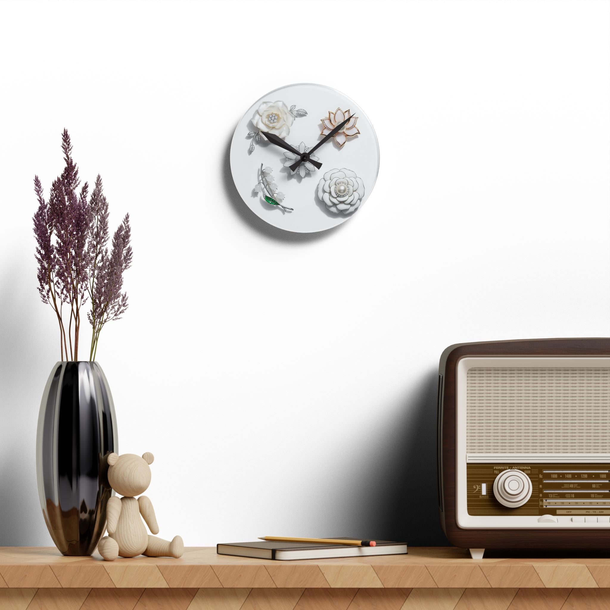 Acrylic Wall Clock with Sculptural Floral Design