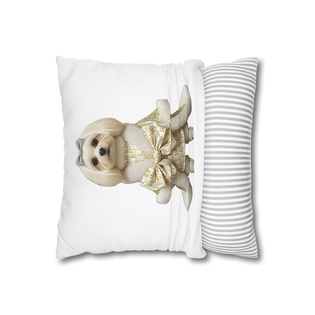 Glam Pooch Decorative Pillow - Cute Dog in Gold Bow Cushion Cover