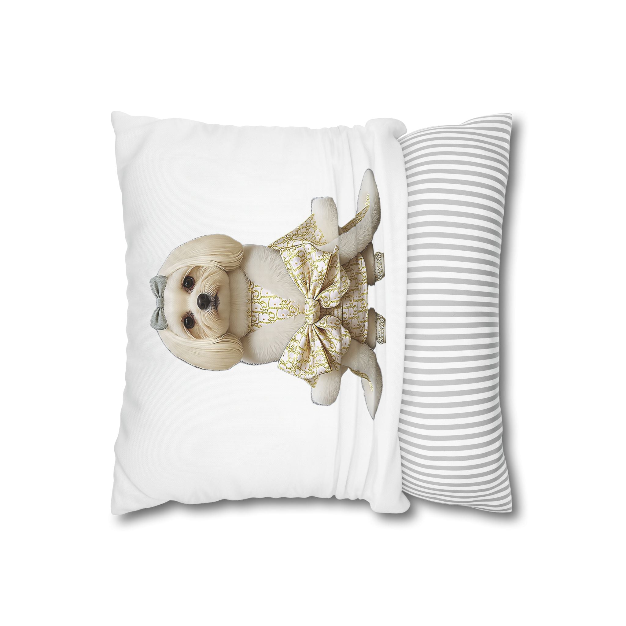 Glam Pooch Decorative Pillow - Cute Dog in Gold Bow Cushion Cover